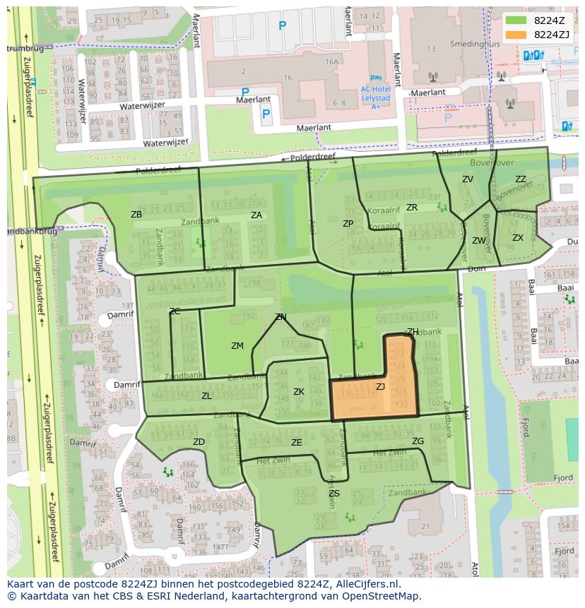 Afbeelding van het postcodegebied 8224 ZJ op de kaart.