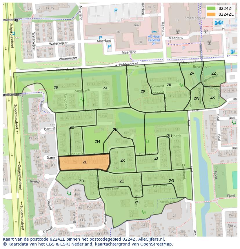 Afbeelding van het postcodegebied 8224 ZL op de kaart.