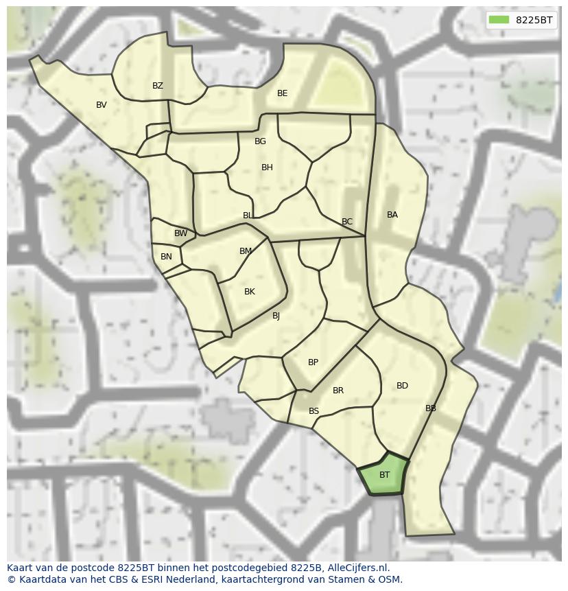 Afbeelding van het postcodegebied 8225 BT op de kaart.
