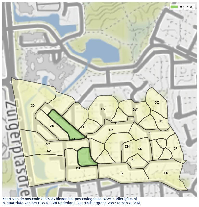 Afbeelding van het postcodegebied 8225 DG op de kaart.