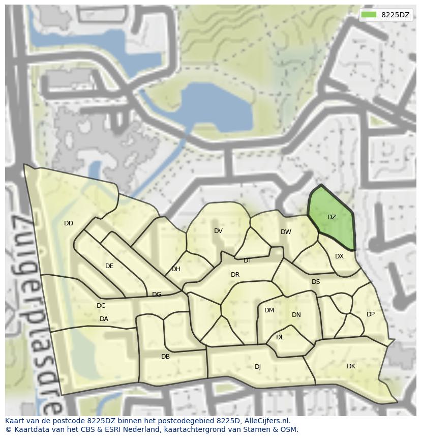 Afbeelding van het postcodegebied 8225 DZ op de kaart.