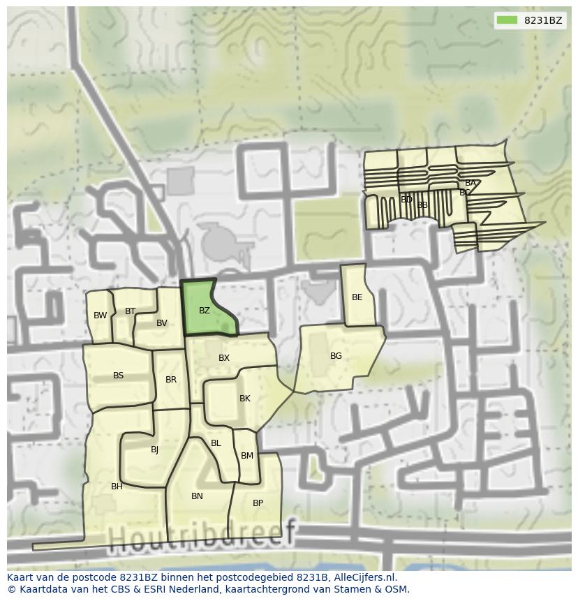 Afbeelding van het postcodegebied 8231 BZ op de kaart.