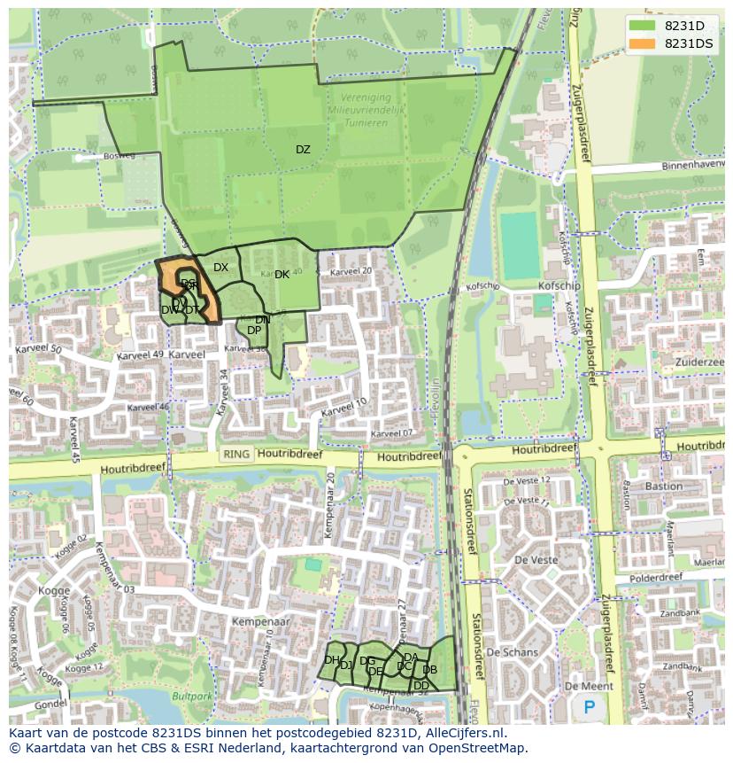 Afbeelding van het postcodegebied 8231 DS op de kaart.