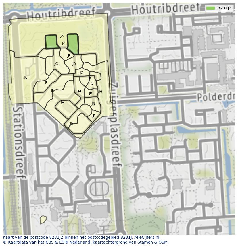 Afbeelding van het postcodegebied 8231 JZ op de kaart.