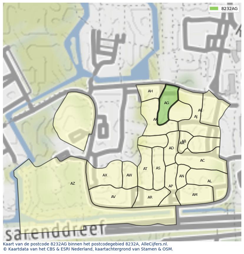 Afbeelding van het postcodegebied 8232 AG op de kaart.
