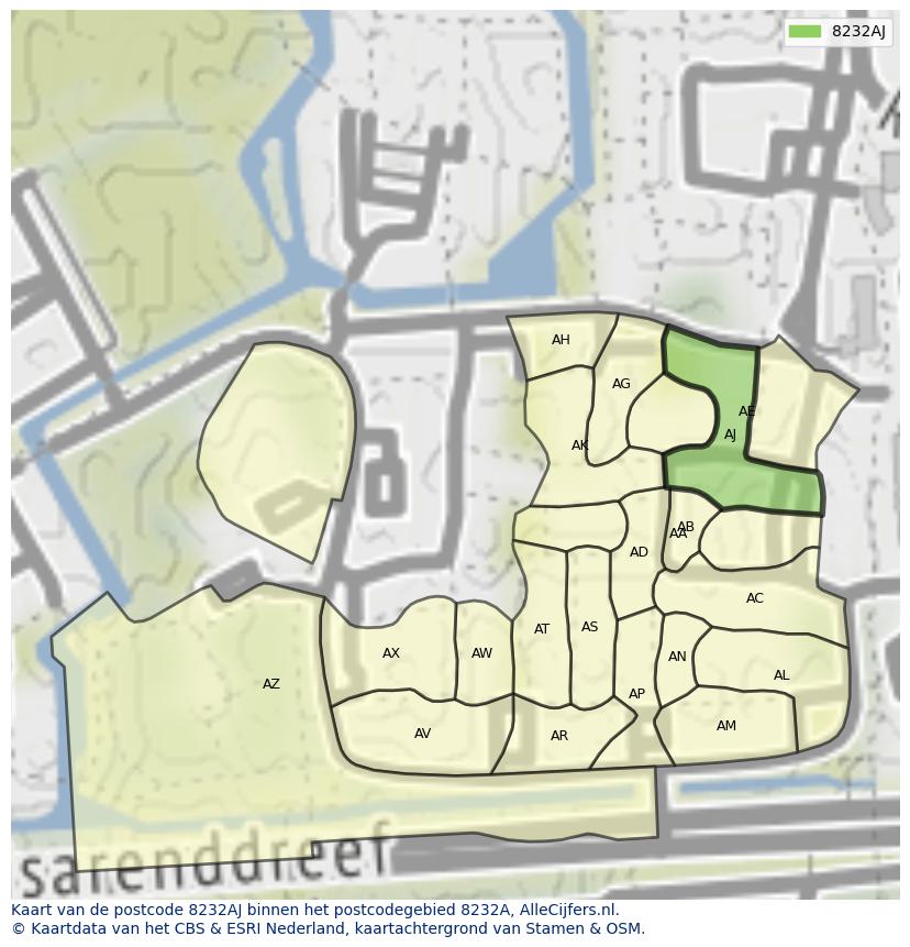 Afbeelding van het postcodegebied 8232 AJ op de kaart.