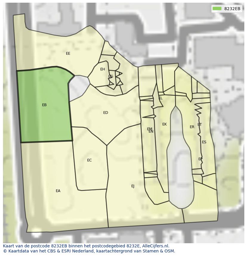 Afbeelding van het postcodegebied 8232 EB op de kaart.