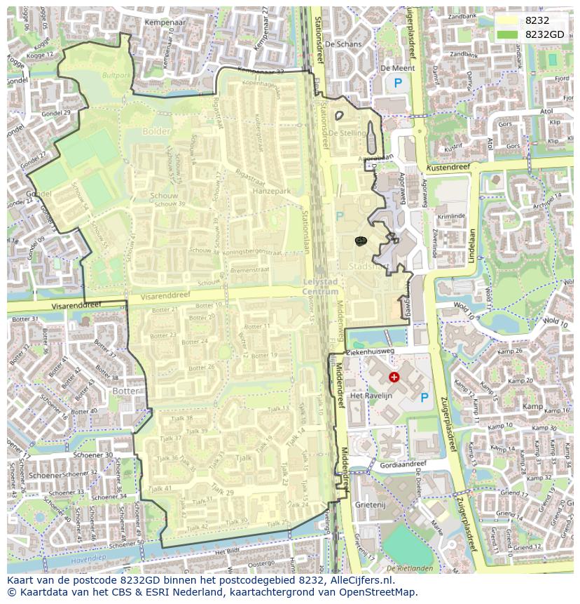 Afbeelding van het postcodegebied 8232 GD op de kaart.