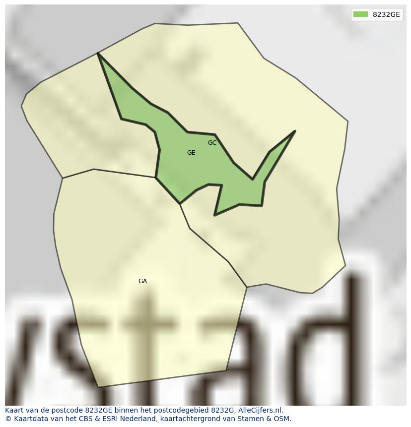 Afbeelding van het postcodegebied 8232 GE op de kaart.