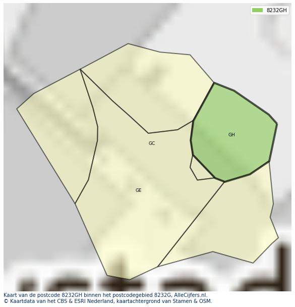 Afbeelding van het postcodegebied 8232 GH op de kaart.