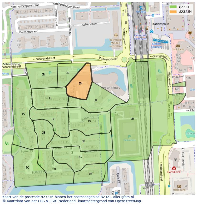 Afbeelding van het postcodegebied 8232 JM op de kaart.