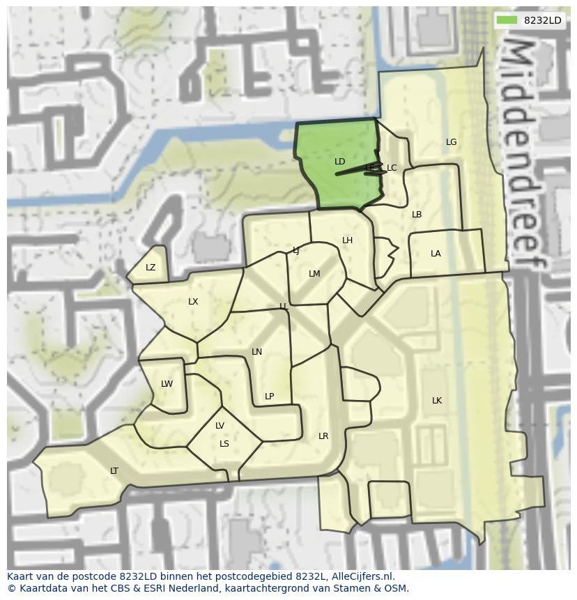 Afbeelding van het postcodegebied 8232 LD op de kaart.