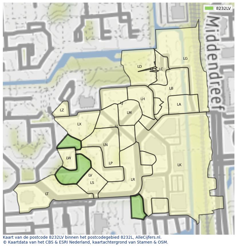 Afbeelding van het postcodegebied 8232 LV op de kaart.