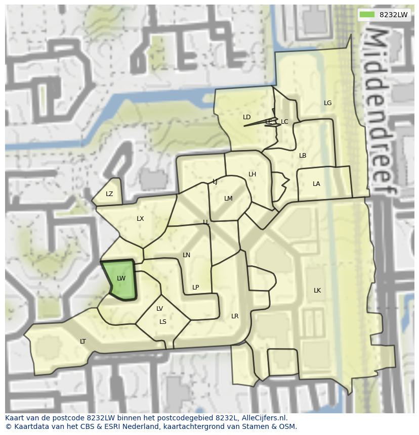 Afbeelding van het postcodegebied 8232 LW op de kaart.