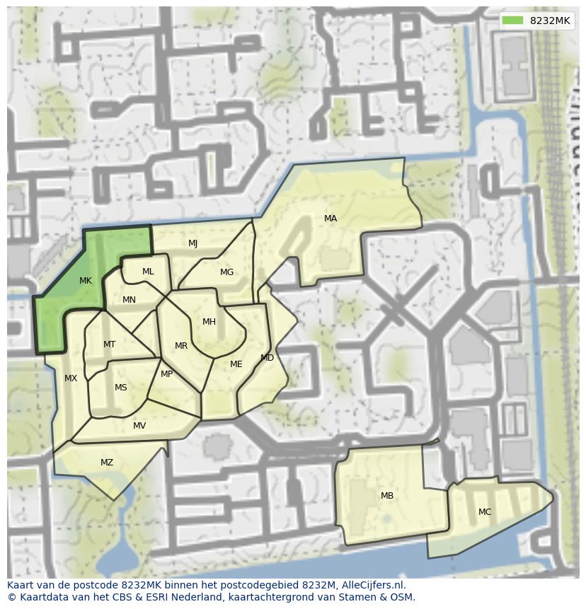 Afbeelding van het postcodegebied 8232 MK op de kaart.