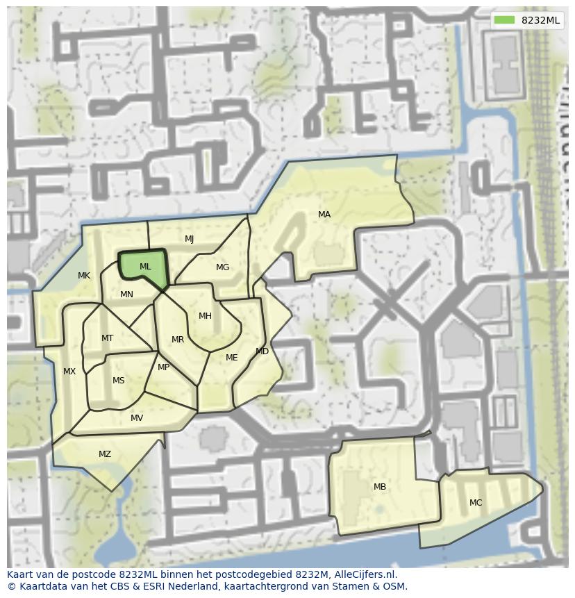 Afbeelding van het postcodegebied 8232 ML op de kaart.