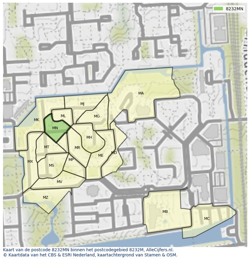 Afbeelding van het postcodegebied 8232 MN op de kaart.