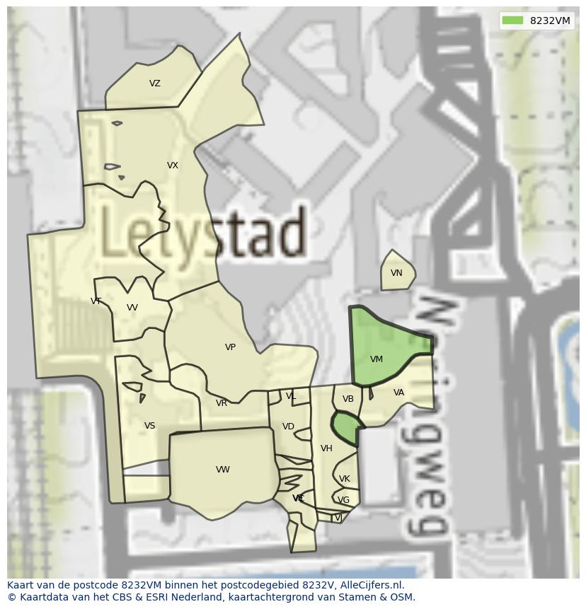 Afbeelding van het postcodegebied 8232 VM op de kaart.
