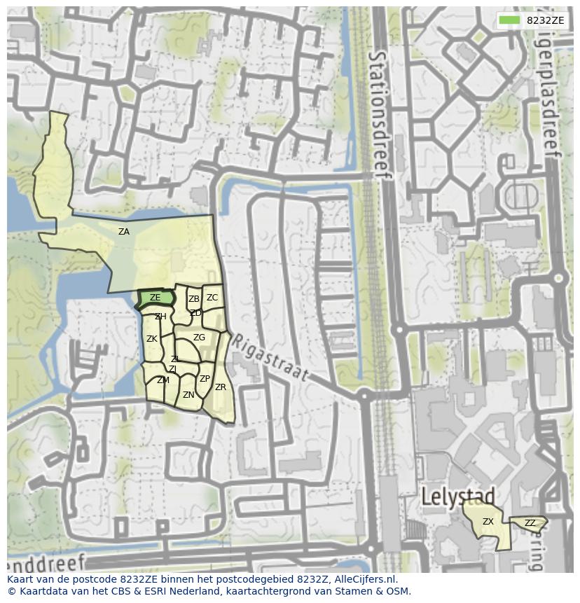 Afbeelding van het postcodegebied 8232 ZE op de kaart.