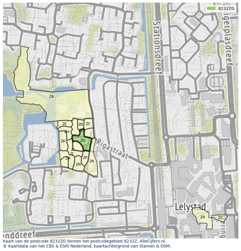 Afbeelding van het postcodegebied 8232 ZG op de kaart.