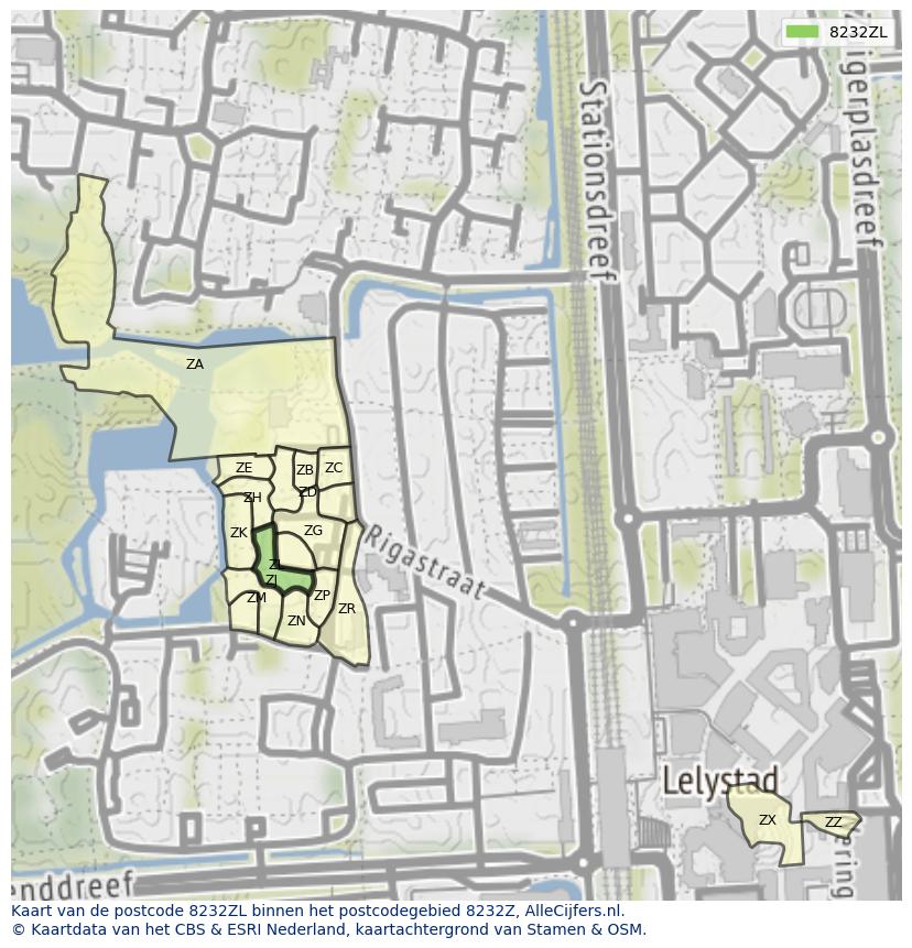 Afbeelding van het postcodegebied 8232 ZL op de kaart.