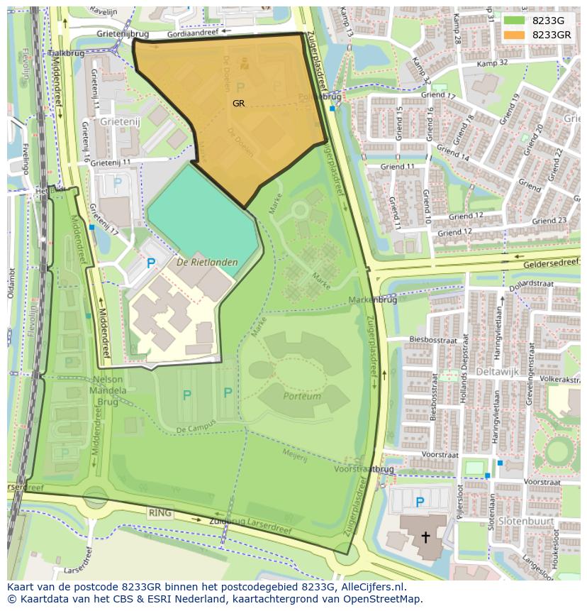 Afbeelding van het postcodegebied 8233 GR op de kaart.