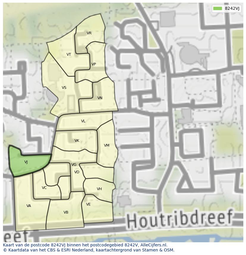 Afbeelding van het postcodegebied 8242 VJ op de kaart.