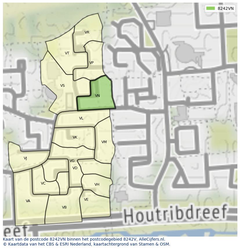 Afbeelding van het postcodegebied 8242 VN op de kaart.