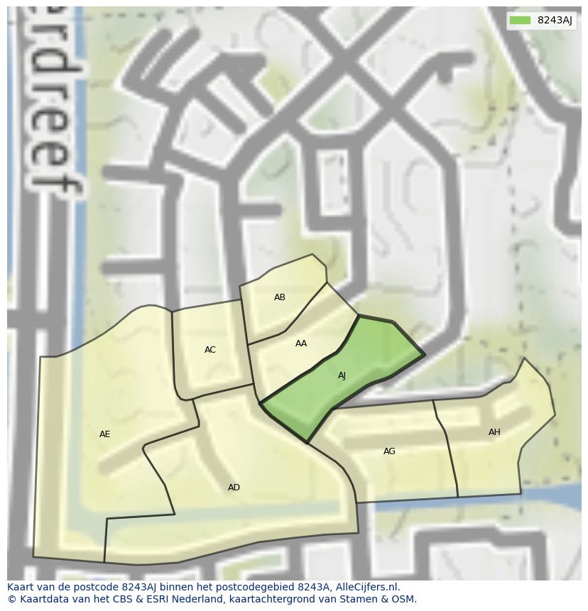 Afbeelding van het postcodegebied 8243 AJ op de kaart.