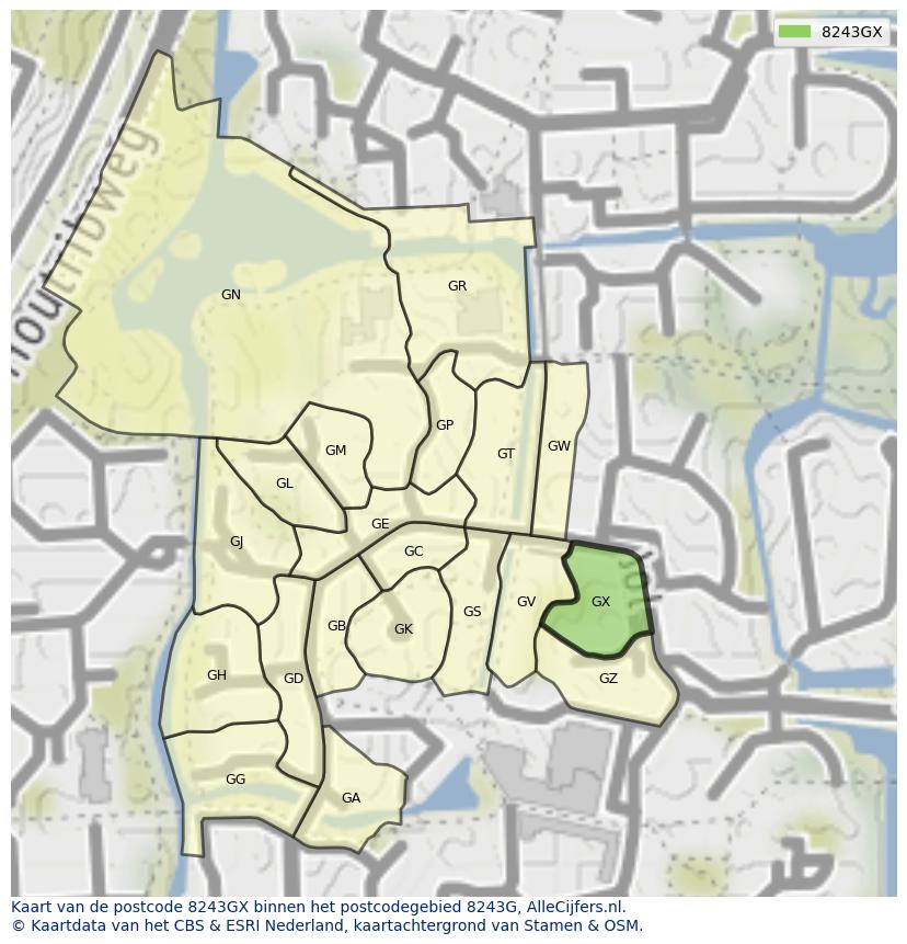 Afbeelding van het postcodegebied 8243 GX op de kaart.