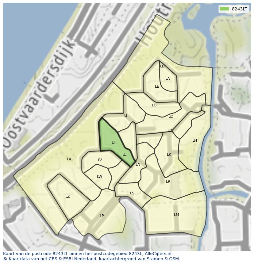 Afbeelding van het postcodegebied 8243 LT op de kaart.