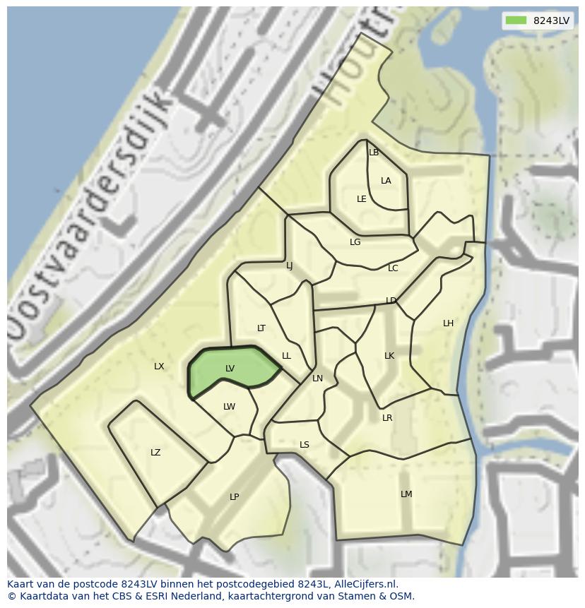 Afbeelding van het postcodegebied 8243 LV op de kaart.