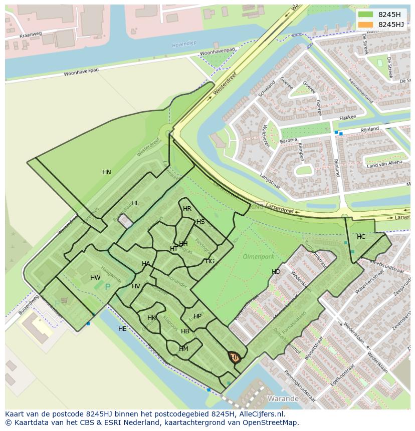 Afbeelding van het postcodegebied 8245 HJ op de kaart.