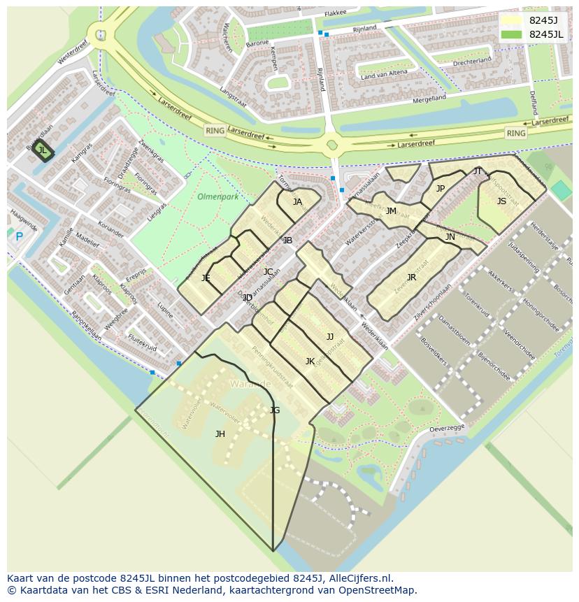 Afbeelding van het postcodegebied 8245 JL op de kaart.
