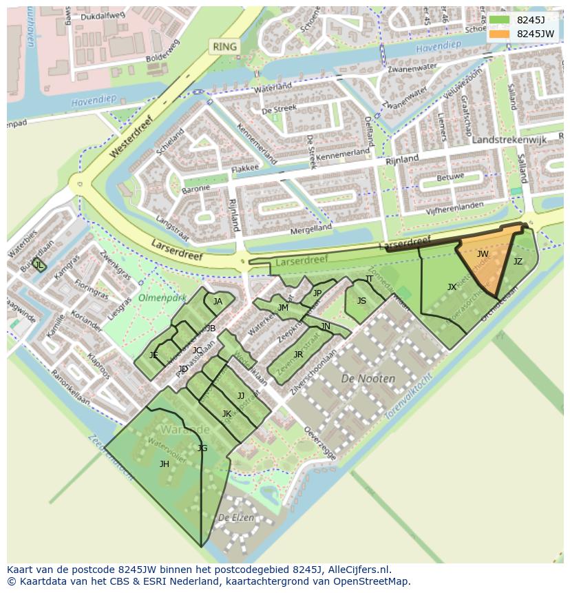 Afbeelding van het postcodegebied 8245 JW op de kaart.