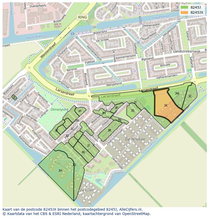 Afbeelding van het postcodegebied 8245 JX op de kaart.