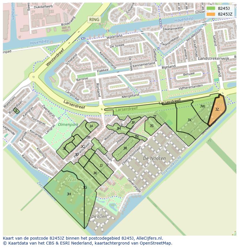 Afbeelding van het postcodegebied 8245 JZ op de kaart.
