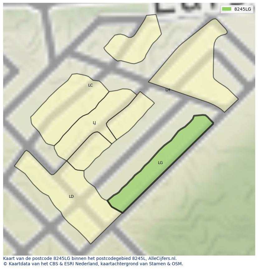 Afbeelding van het postcodegebied 8245 LG op de kaart.