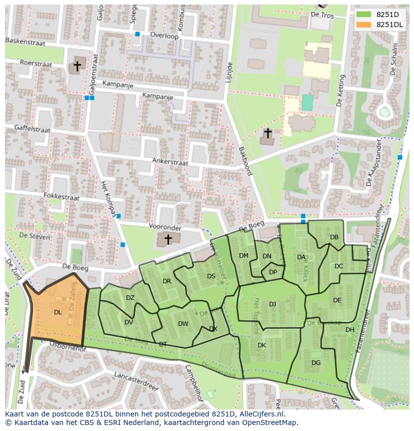 Afbeelding van het postcodegebied 8251 DL op de kaart.