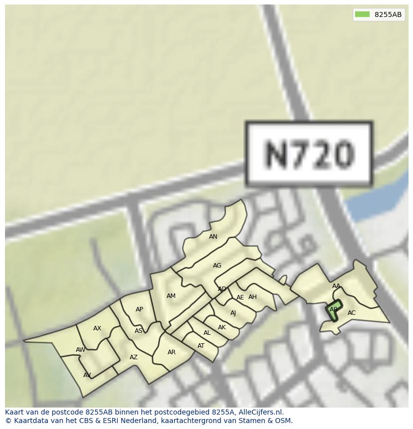 Afbeelding van het postcodegebied 8255 AB op de kaart.