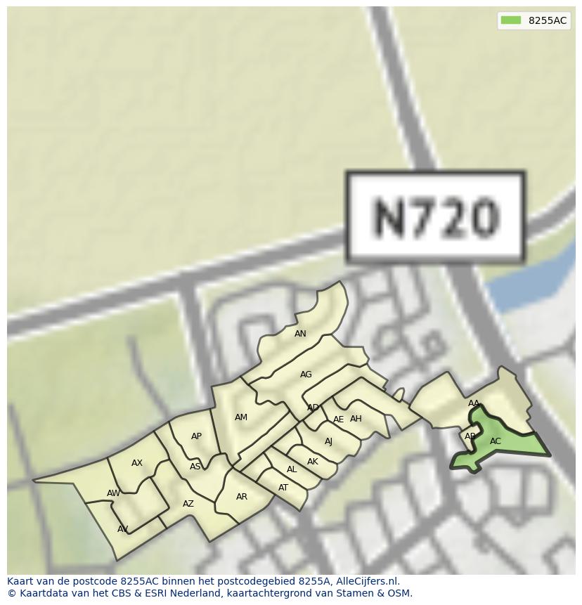 Afbeelding van het postcodegebied 8255 AC op de kaart.