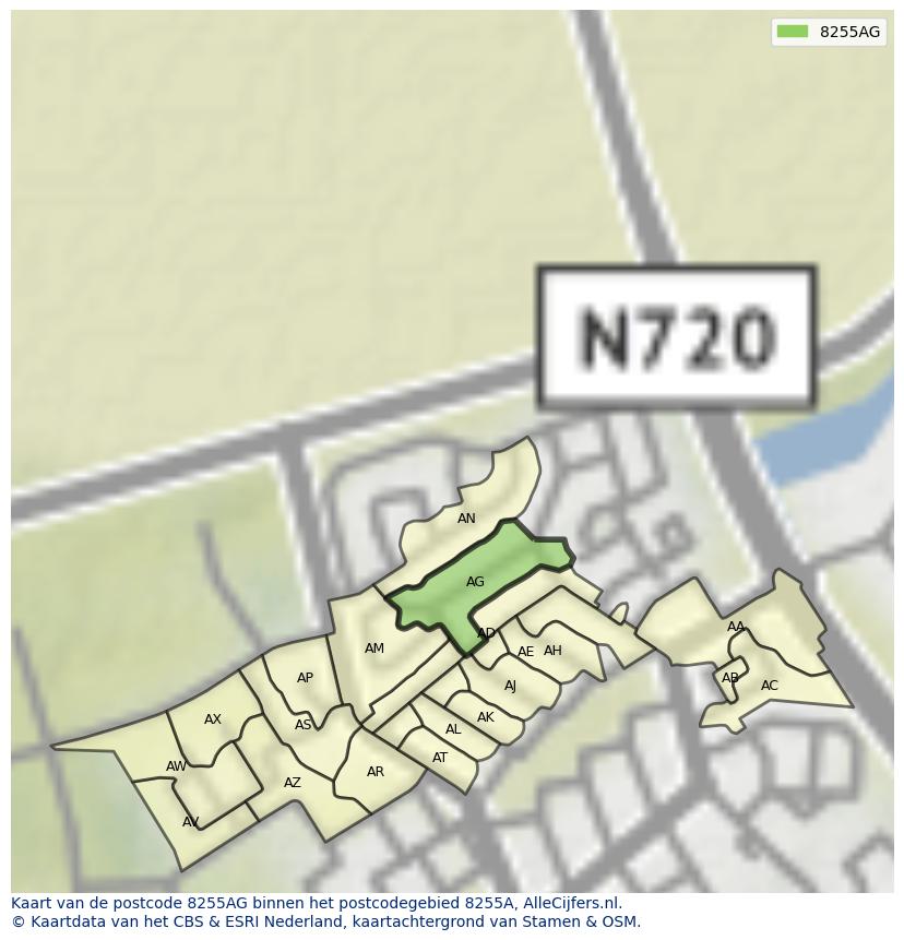 Afbeelding van het postcodegebied 8255 AG op de kaart.