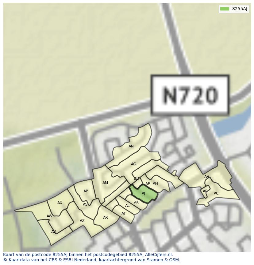 Afbeelding van het postcodegebied 8255 AJ op de kaart.