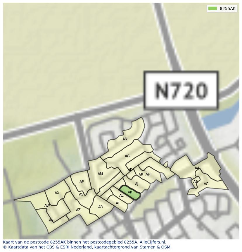 Afbeelding van het postcodegebied 8255 AK op de kaart.