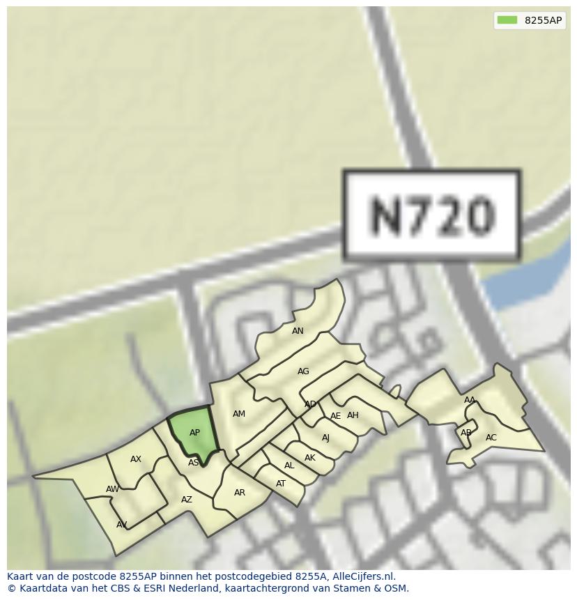 Afbeelding van het postcodegebied 8255 AP op de kaart.