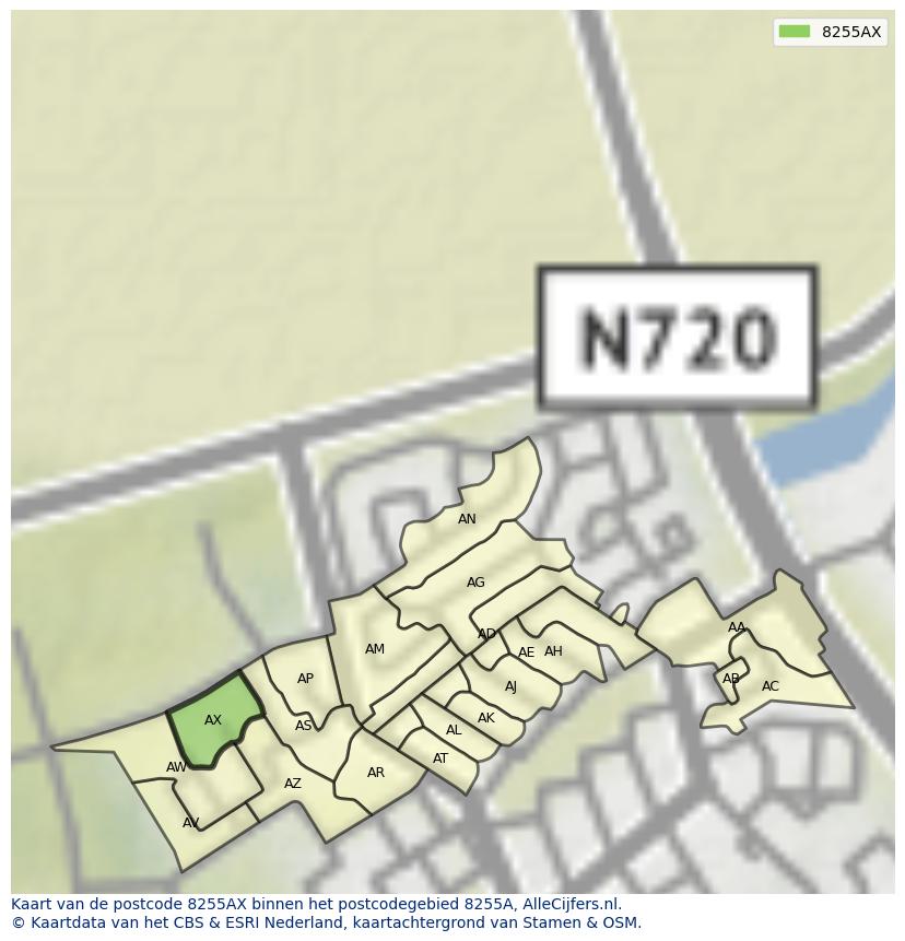 Afbeelding van het postcodegebied 8255 AX op de kaart.