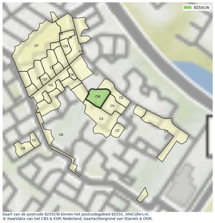 Afbeelding van het postcodegebied 8255 CW op de kaart.