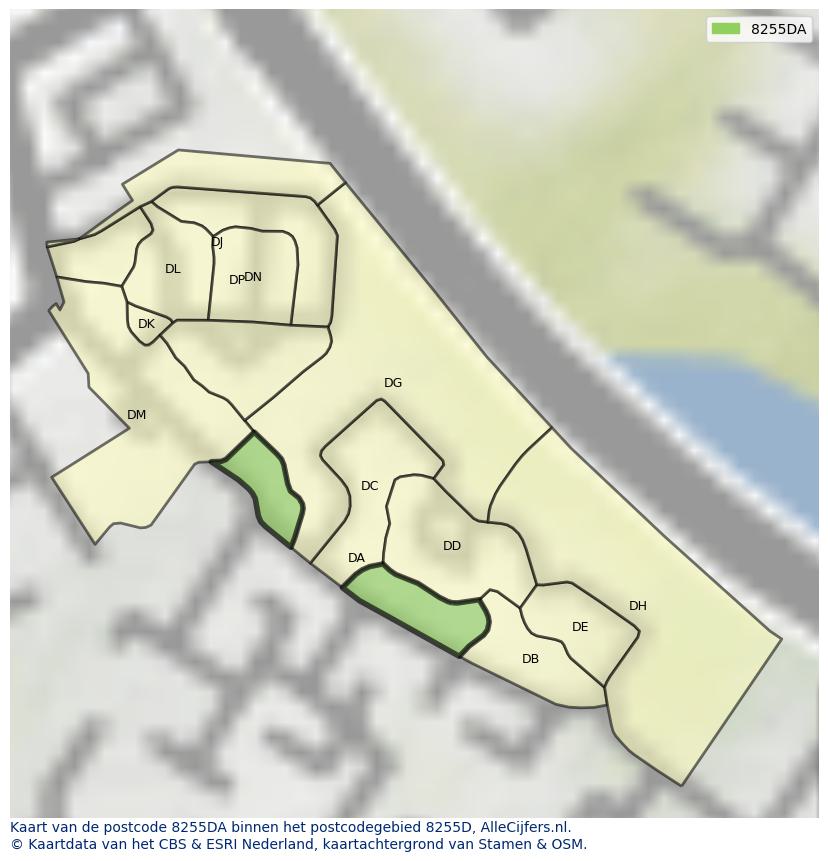 Afbeelding van het postcodegebied 8255 DA op de kaart.