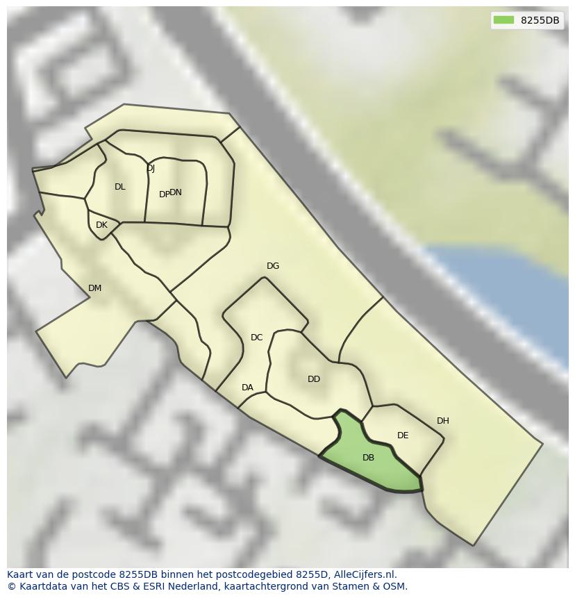 Afbeelding van het postcodegebied 8255 DB op de kaart.