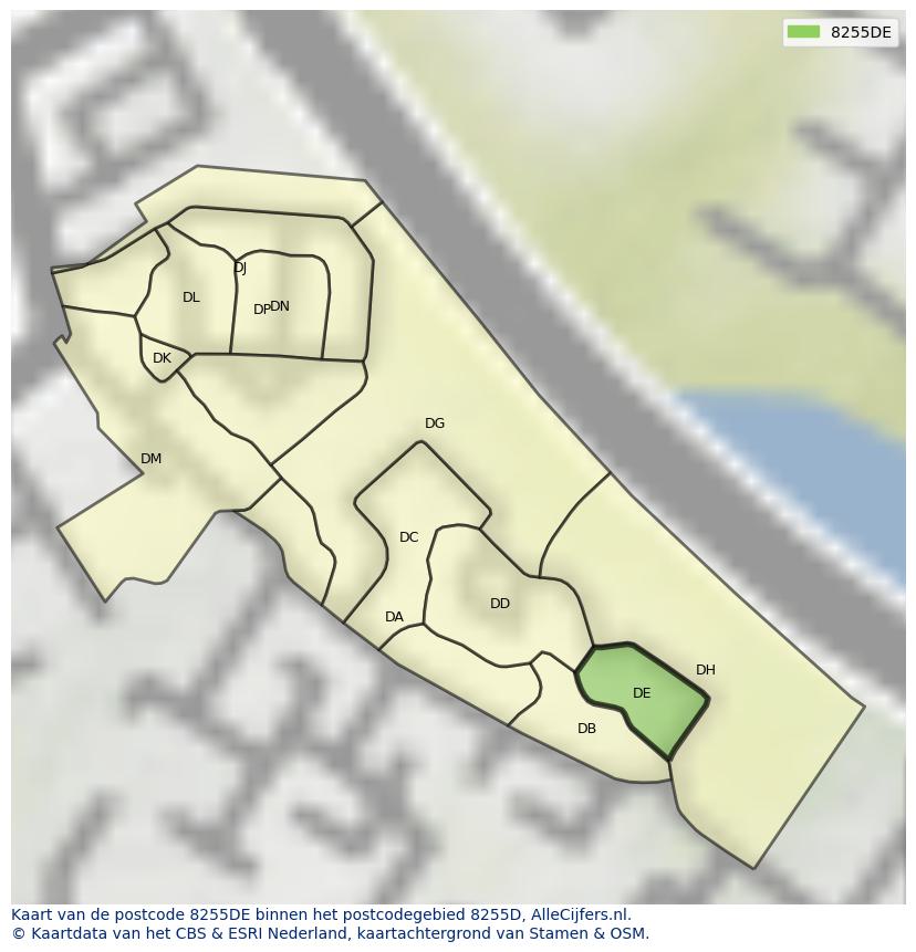 Afbeelding van het postcodegebied 8255 DE op de kaart.